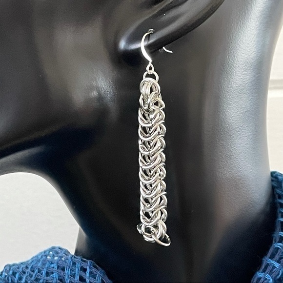 249 Handmade Lightweight Long Chain Mail Earrings Silver Statement Earrings 27$